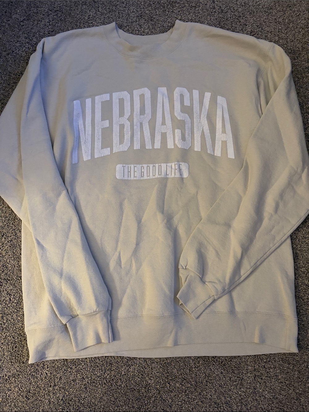 Hanes Nebraska Crewneck Sweatshirt - Light Beige with White Lettering